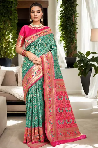 turquoise woven design zari kanjeevaram silk blend saree