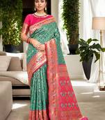 turquoise woven design zari kanjeevaram silk blend saree