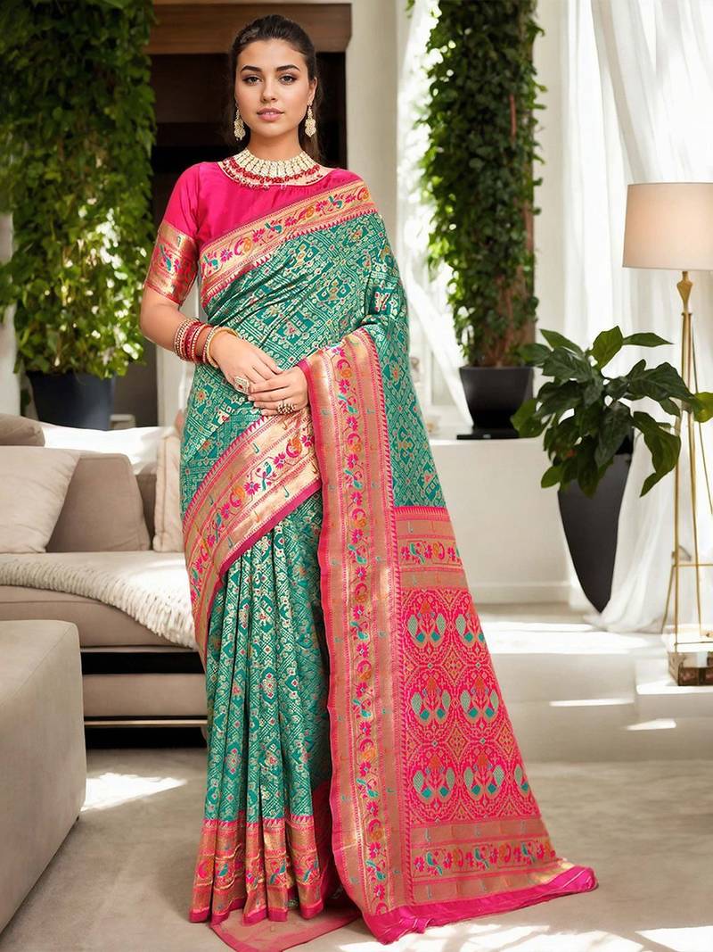 turquoise woven design zari kanjeevaram silk blend saree