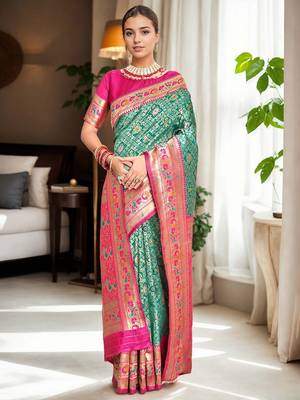turquoise woven design zari kanjeevaram silk blend saree 2