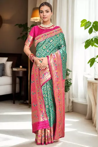 turquoise woven design zari kanjeevaram silk blend saree
