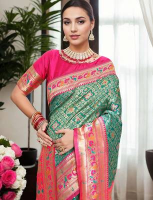 turquoise woven design zari kanjeevaram silk blend saree 3