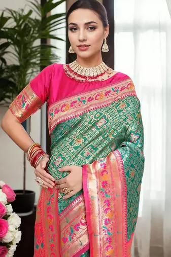 turquoise woven design zari kanjeevaram silk blend saree