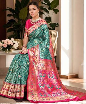 turquoise woven design zari kanjeevaram silk blend saree 4