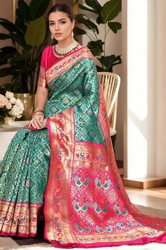 turquoise woven design zari kanjeevaram silk blend saree
