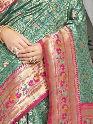 turquoise woven design zari kanjeevaram silk blend saree 5