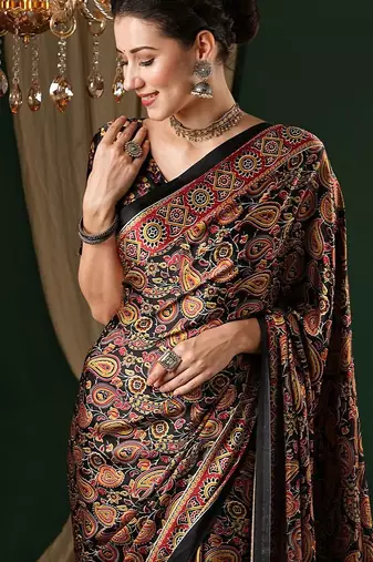 black ethnic motifs crepe saree