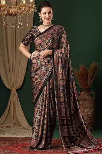 black ethnic motifs crepe saree