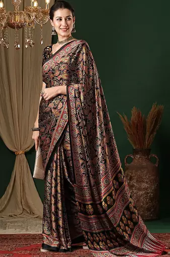 black ethnic motifs crepe saree
