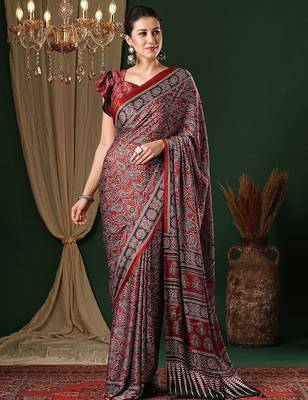 maroon ethnic motifs crepe saree 1