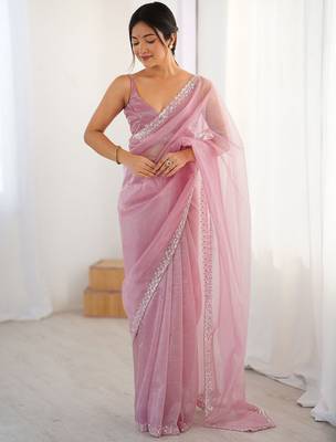 pink embellished border sequinned net saree 1