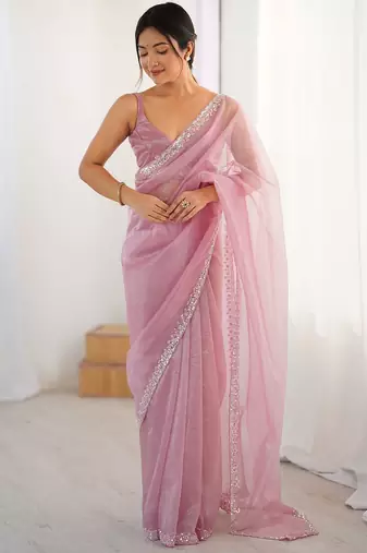 pink embellished border sequinned net saree