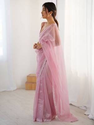 pink embellished border sequinned net saree 2