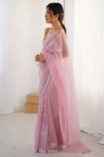 pink embellished border sequinned net saree