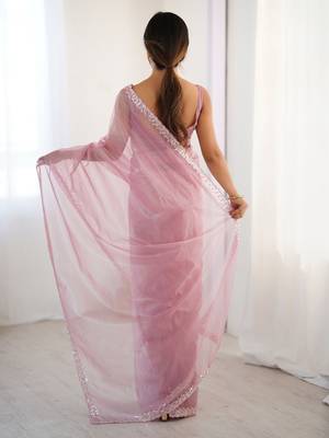 pink embellished border sequinned net saree 3