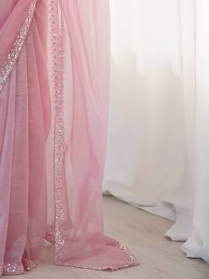 pink embellished border sequinned net saree 5