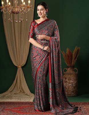 red ethnic motifs ajrak crepe saree with blouse piece 1