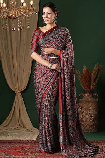 red ethnic motifs ajrak crepe saree with blouse piece