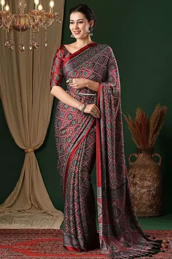 red ethnic motifs ajrak crepe saree with blouse piece