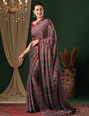 red ethnic motifs ajrak crepe saree with blouse piece 2