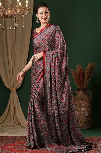 red ethnic motifs ajrak crepe saree with blouse piece