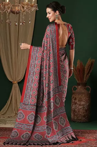 red ethnic motifs ajrak crepe saree with blouse piece