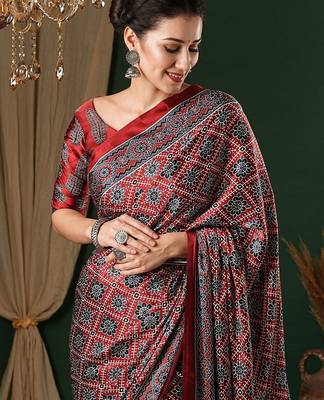 red ethnic motifs ajrak crepe saree with blouse piece 4