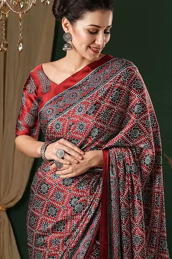 red ethnic motifs ajrak crepe saree with blouse piece