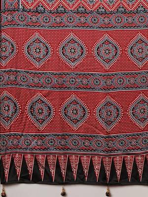 red ethnic motifs ajrak crepe saree with blouse piece 5