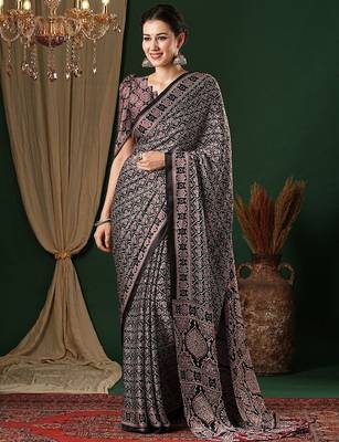 black ethnic motifs ajrak crepe saree 1