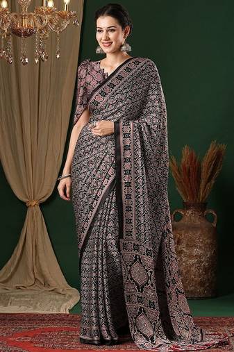 black ethnic motifs ajrak crepe saree