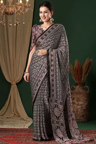 black ethnic motifs ajrak crepe saree