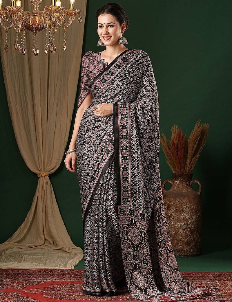 black ethnic motifs ajrak crepe saree