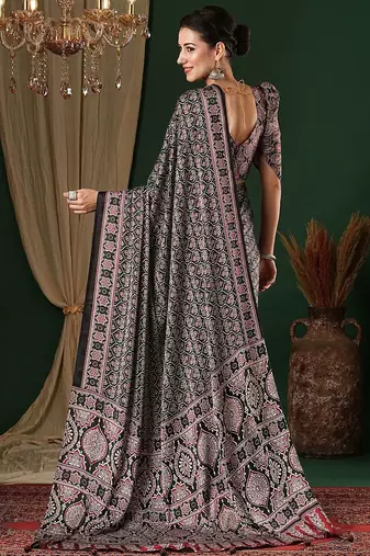 black ethnic motifs ajrak crepe saree
