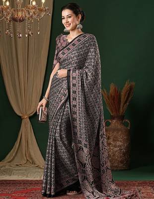 black ethnic motifs ajrak crepe saree 3