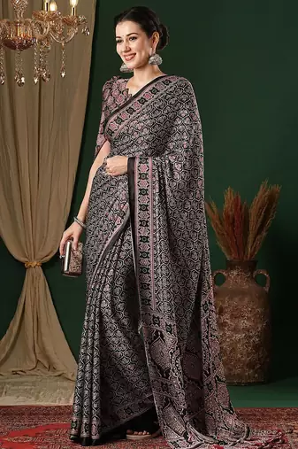 black ethnic motifs ajrak crepe saree