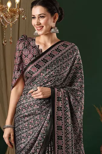 black ethnic motifs ajrak crepe saree