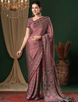 red ethnic motifs ajrak crepe saree 1