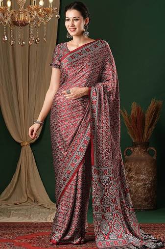 red ethnic motifs ajrak crepe saree