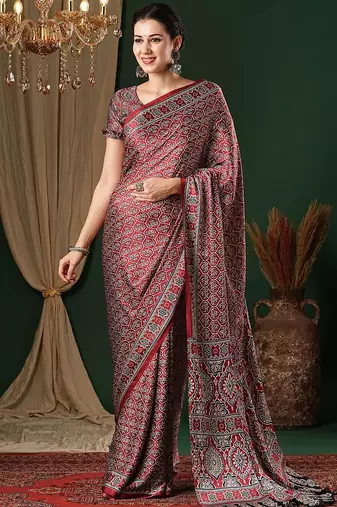 red ethnic motifs ajrak crepe saree