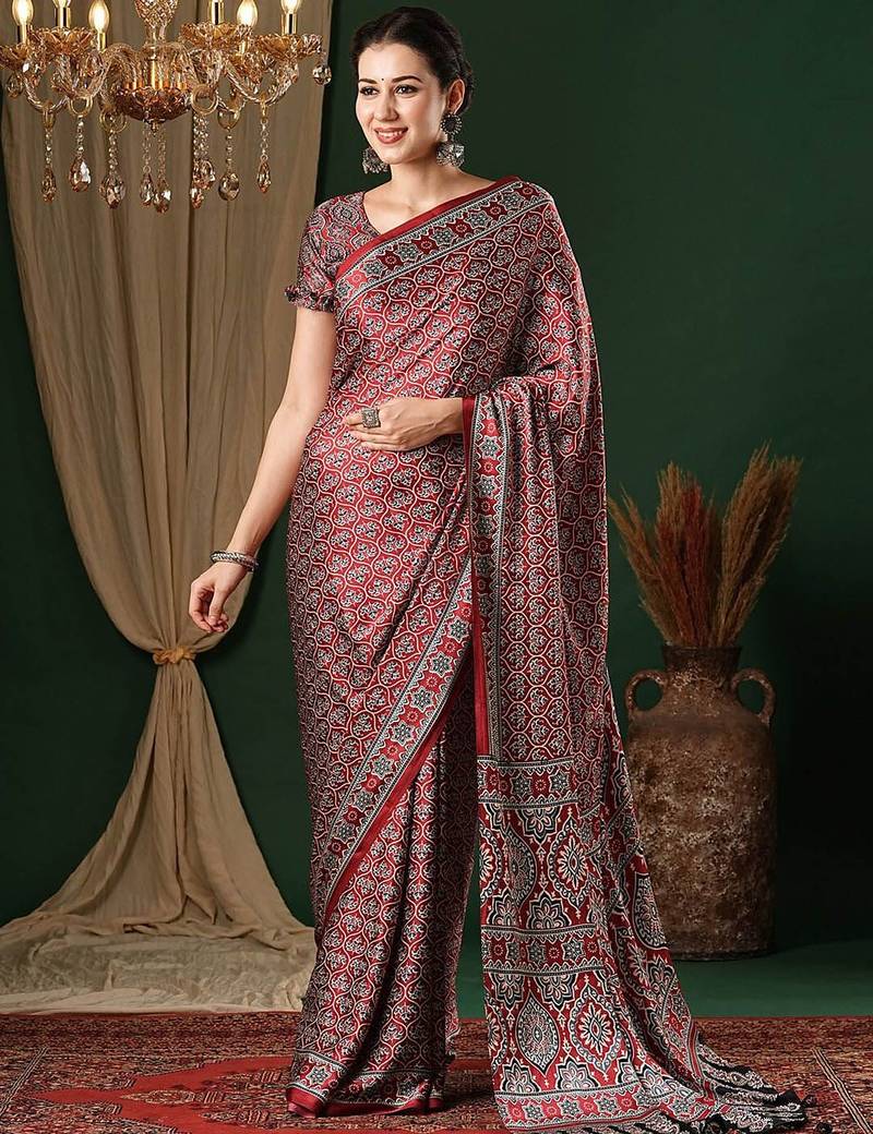 red ethnic motifs ajrak crepe saree