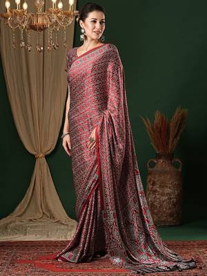 red ethnic motifs ajrak crepe saree 2