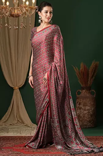 red ethnic motifs ajrak crepe saree