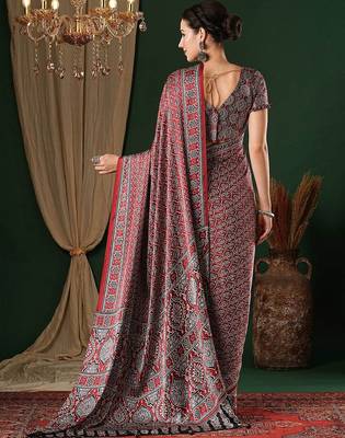 red ethnic motifs ajrak crepe saree 3