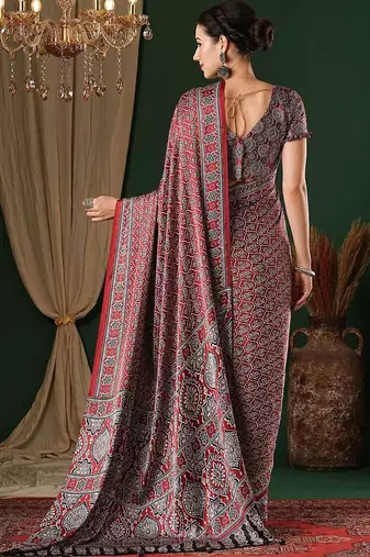 red ethnic motifs ajrak crepe saree