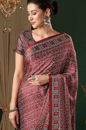 red ethnic motifs ajrak crepe saree