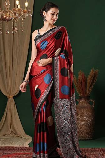 red crepe saree with blouse