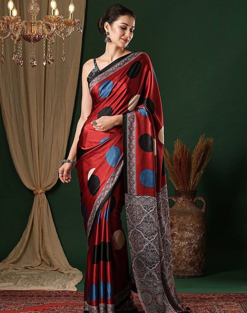 red crepe saree with blouse