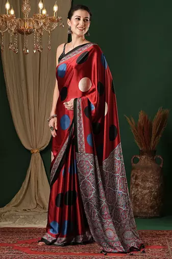 red crepe saree with blouse