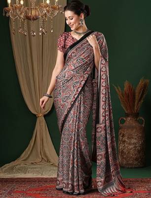 red ethnic motifs ajrak crepe saree 1